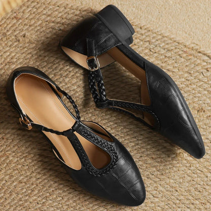 Women's embossed leather pointed-toe T-strap Mary Jane flats with braided buckle