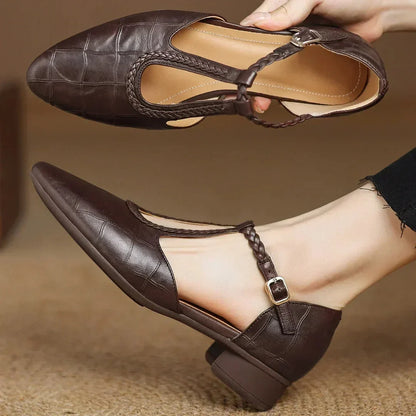 Women's embossed leather pointed-toe T-strap Mary Jane flats with braided buckle