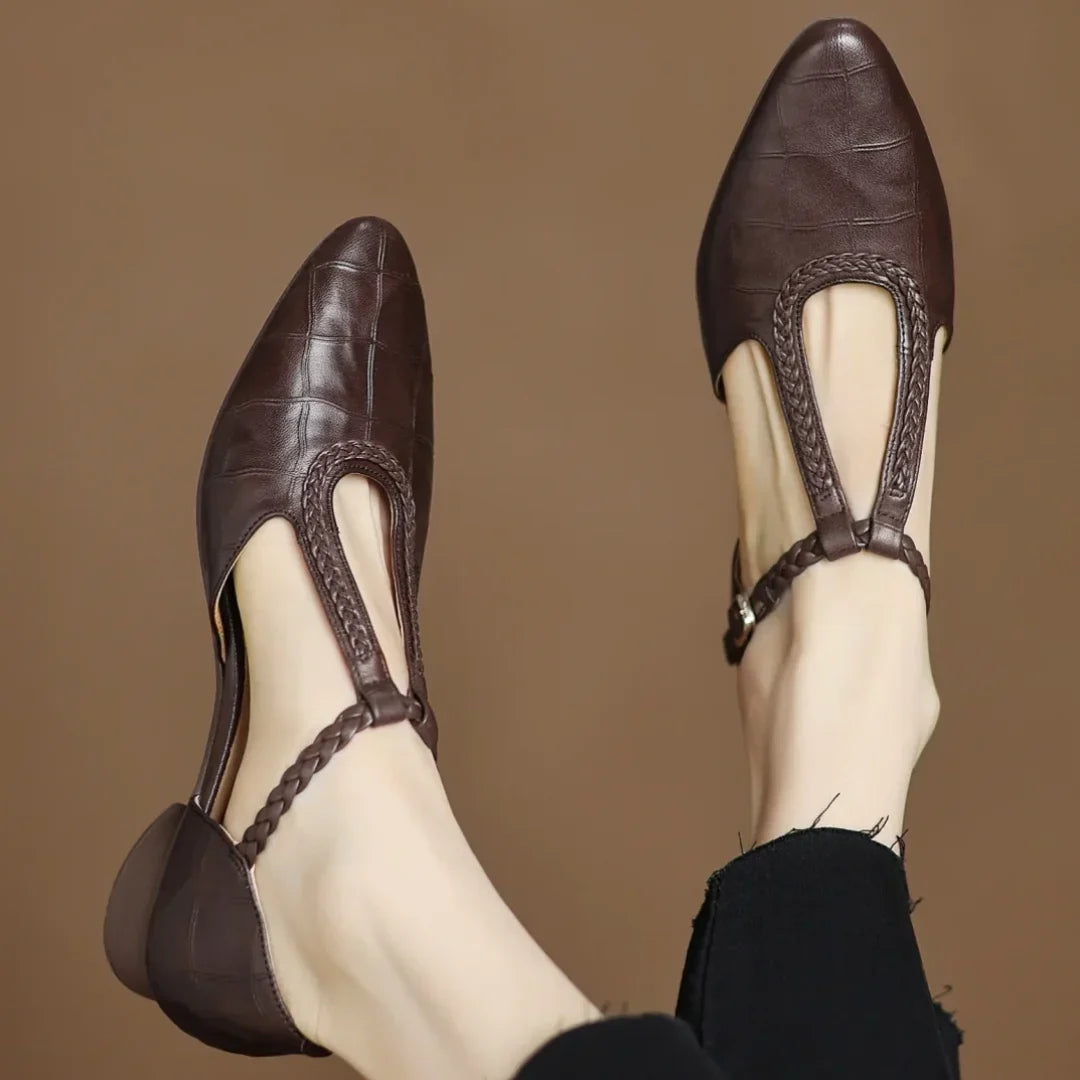 Women's embossed leather pointed-toe T-strap Mary Jane flats with braided buckle