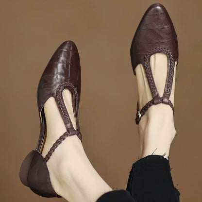 Women's embossed leather pointed-toe T-strap Mary Jane flats with braided buckle