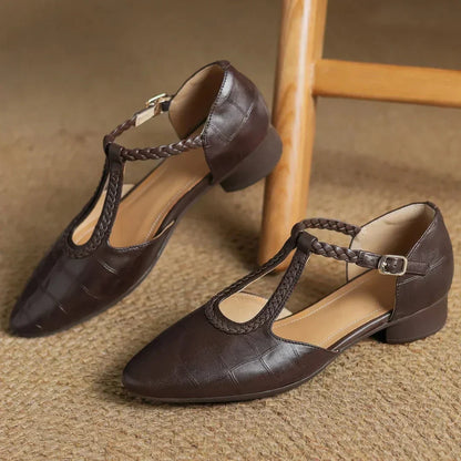 Women's embossed leather pointed-toe T-strap Mary Jane flats with braided buckle
