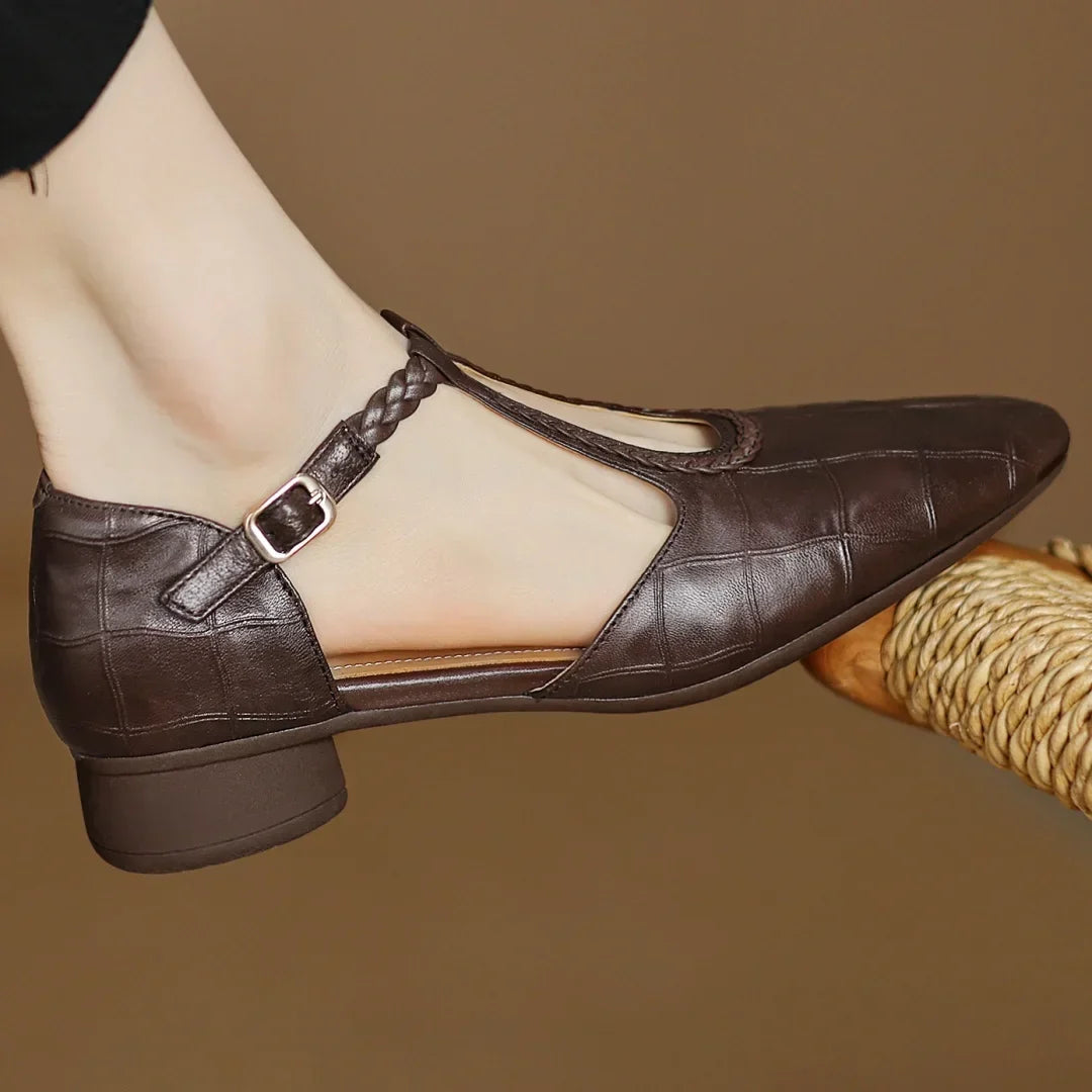 Women's embossed leather pointed-toe T-strap Mary Jane flats with braided buckle
