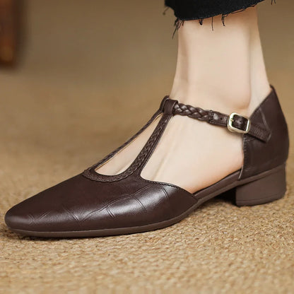 Women's embossed leather pointed-toe T-strap Mary Jane flats with braided buckle – Brown