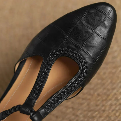Women's embossed leather pointed-toe T-strap Mary Jane flats with braided buckle