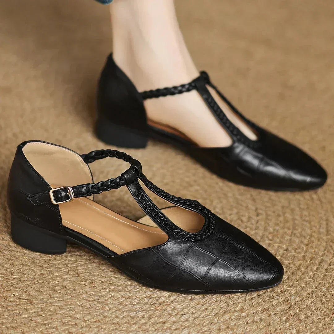Women's embossed leather pointed-toe T-strap Mary Jane flats with braided buckle