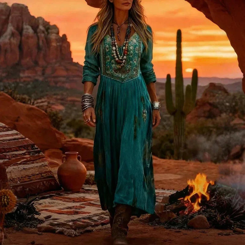 Women's embroidered boho maxi dress with V-neck and long sleeves – Teal
