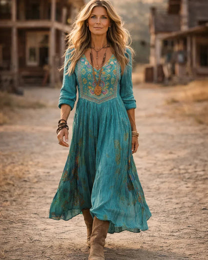 Women's embroidered boho maxi dress with V-neck and long sleeves – Teal
