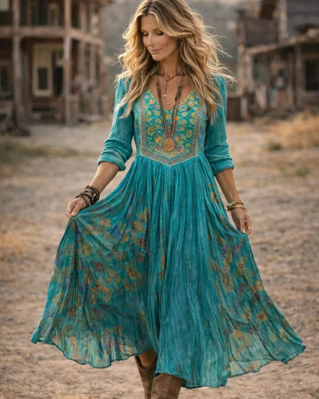Women's embroidered boho maxi dress with V-neck and long sleeves – Teal