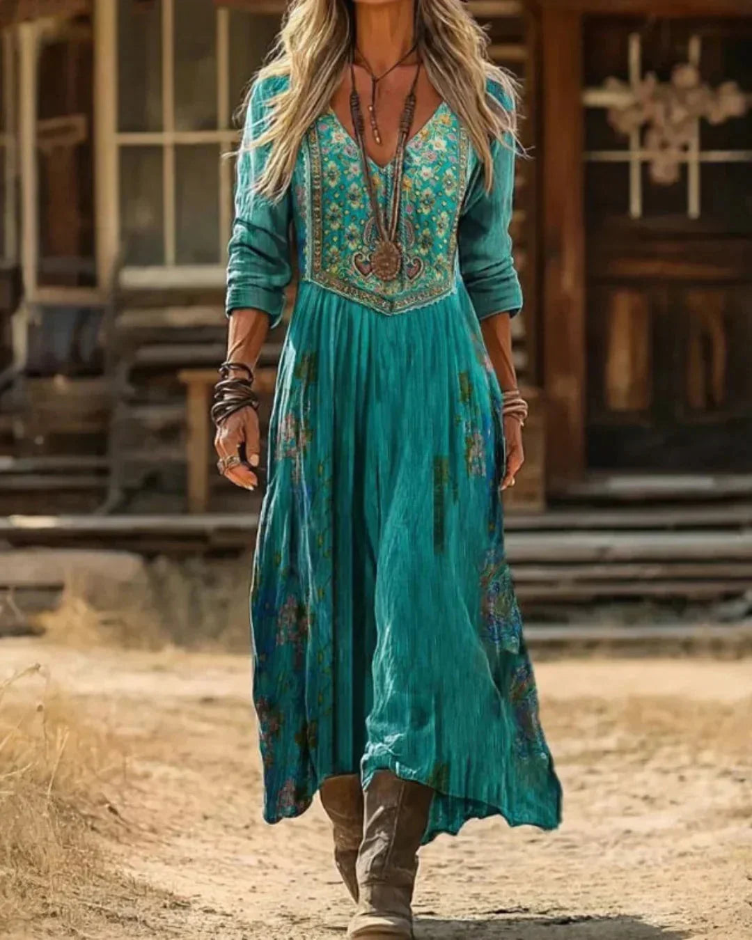 Women's embroidered boho maxi dress with V-neck and long sleeves – Teal