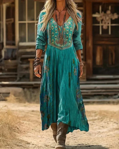 Women's embroidered boho maxi dress with V-neck and long sleeves – Teal