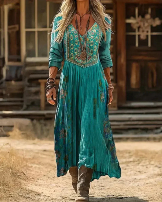 Women's embroidered boho maxi dress with V-neck and long sleeves – Teal