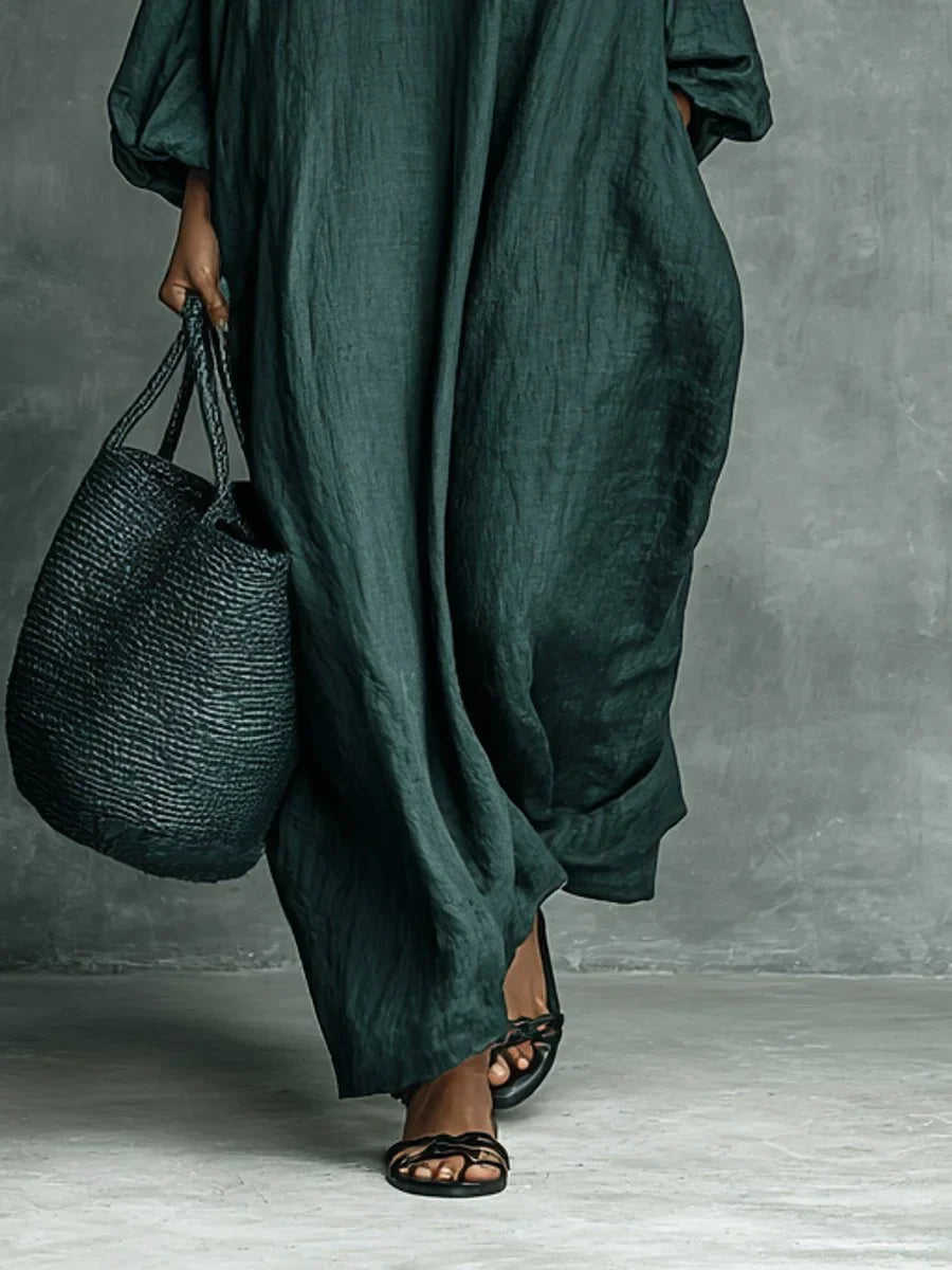Women's embroidered floral high-neck linen maxi long sleeve dress – Dark Green