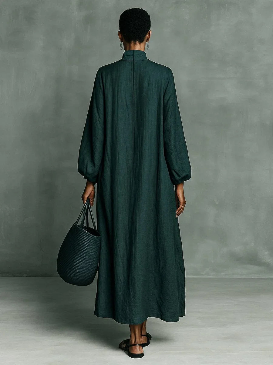 Women's embroidered floral high-neck linen maxi long sleeve dress – Dark Green