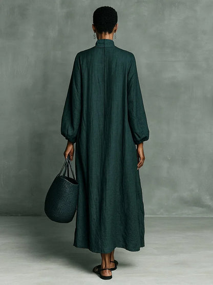 Women's embroidered floral high-neck linen maxi long sleeve dress – Dark Green
