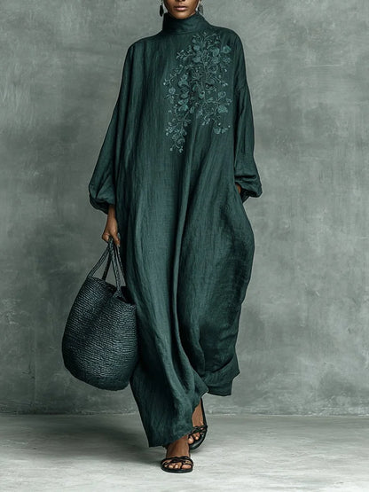 Women's embroidered floral high-neck linen maxi long sleeve dress – Dark Green