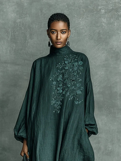 Women's embroidered floral high-neck linen maxi long sleeve dress – Dark Green