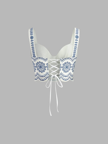 Women's embroidered two-piece outfit with crop top and maxi skirt and tie-back – Bluewhite