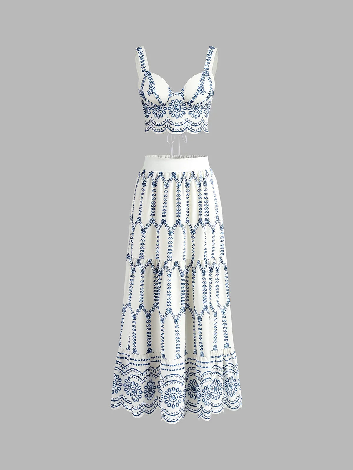 Women's embroidered two-piece outfit with crop top and maxi skirt and tie-back – Bluewhite