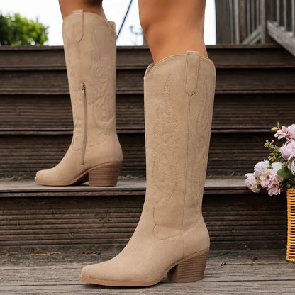 Women's embroidered western faux leather knee-high boots with side zipper and block heel