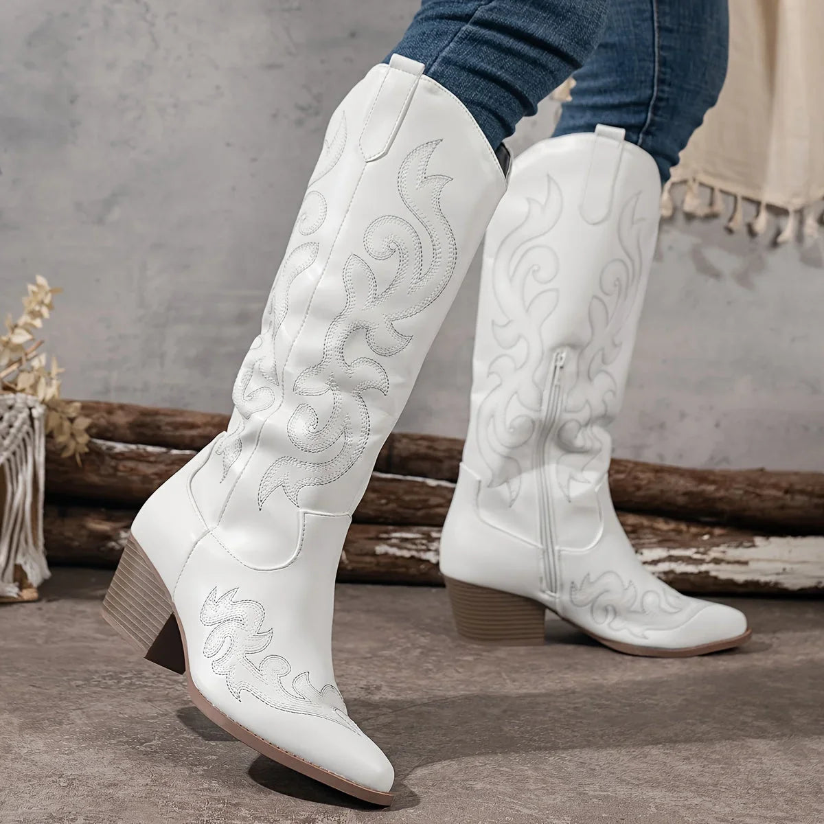 Women's embroidered western faux leather knee-high boots with side zipper and block heel