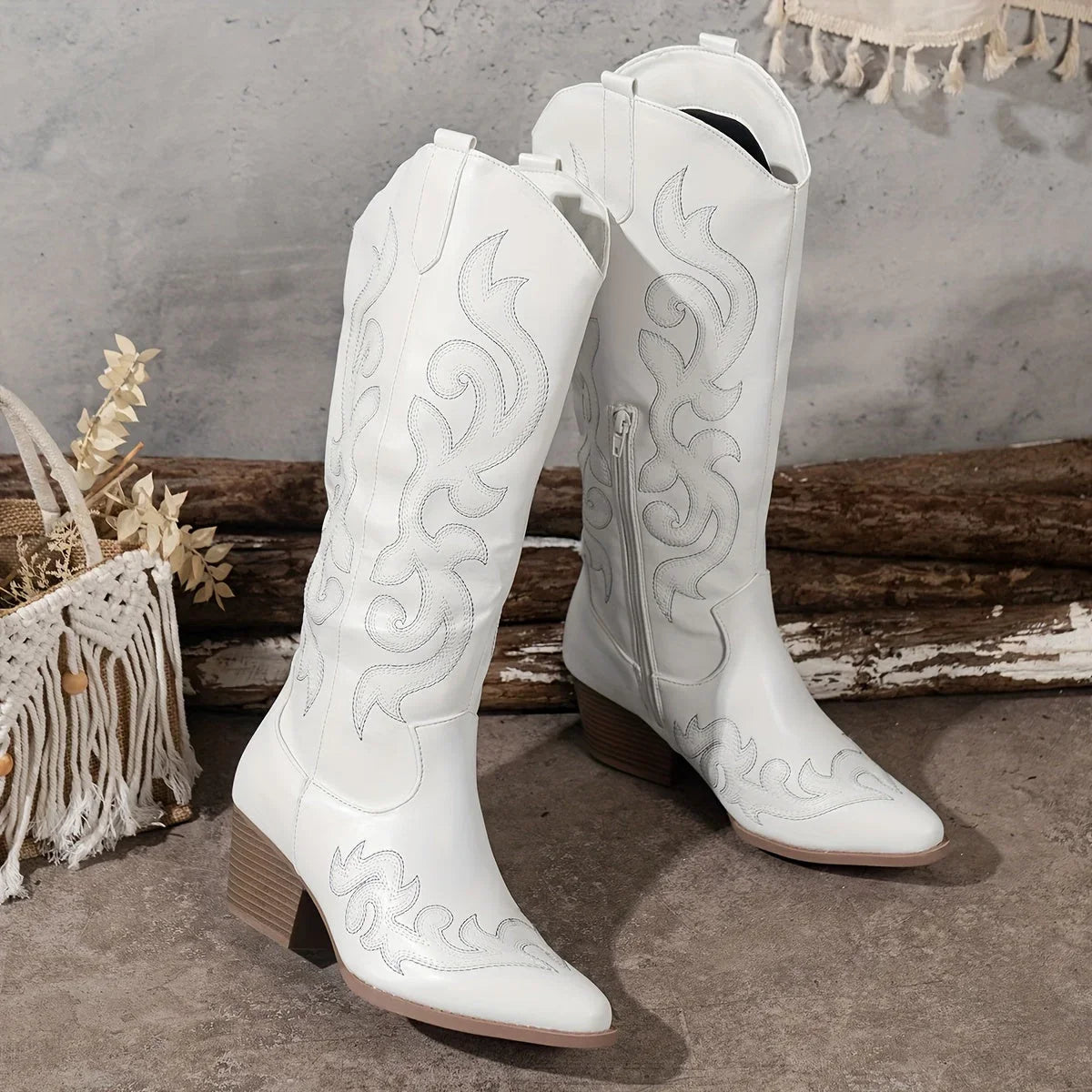 Women's embroidered western faux leather knee-high boots with side zipper and block heel