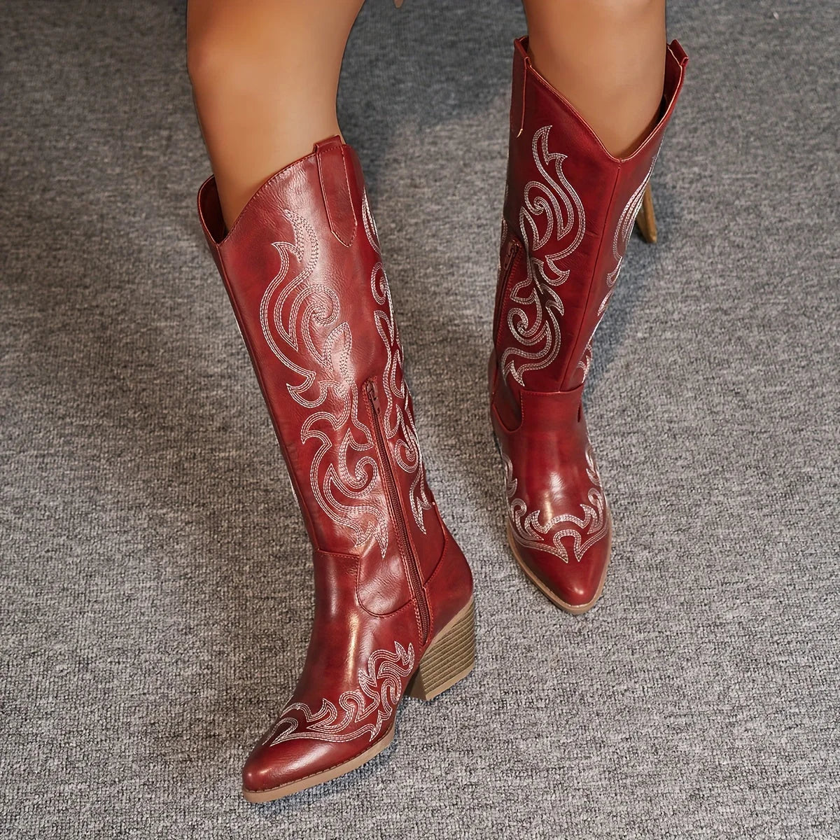 Women's embroidered western faux leather knee-high boots with side zipper and block heel