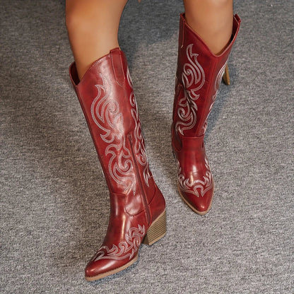 Women's embroidered western faux leather knee-high boots with side zipper and block heel