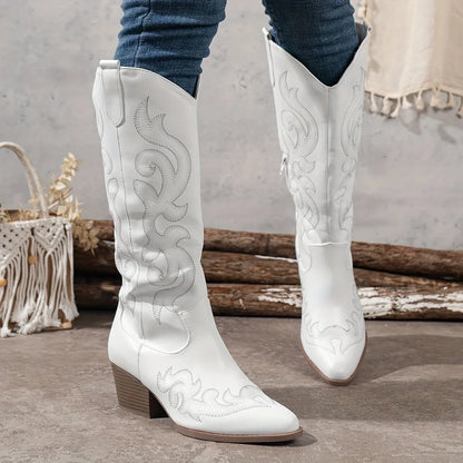 Women's embroidered western faux leather knee-high boots with side zipper and block heel