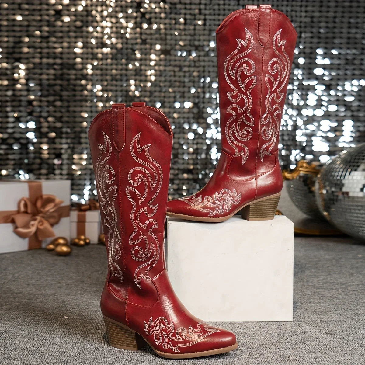 Women's embroidered western faux leather knee-high boots with side zipper and block heel