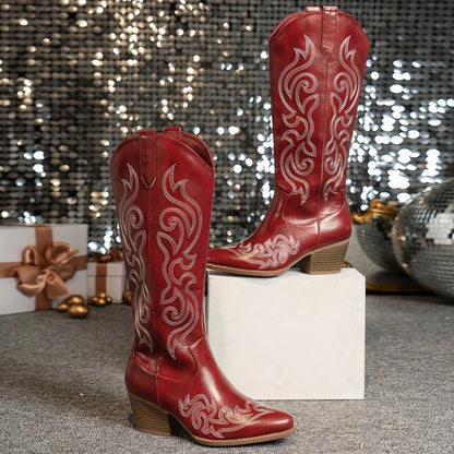 Women's embroidered western faux leather knee-high boots with side zipper and block heel