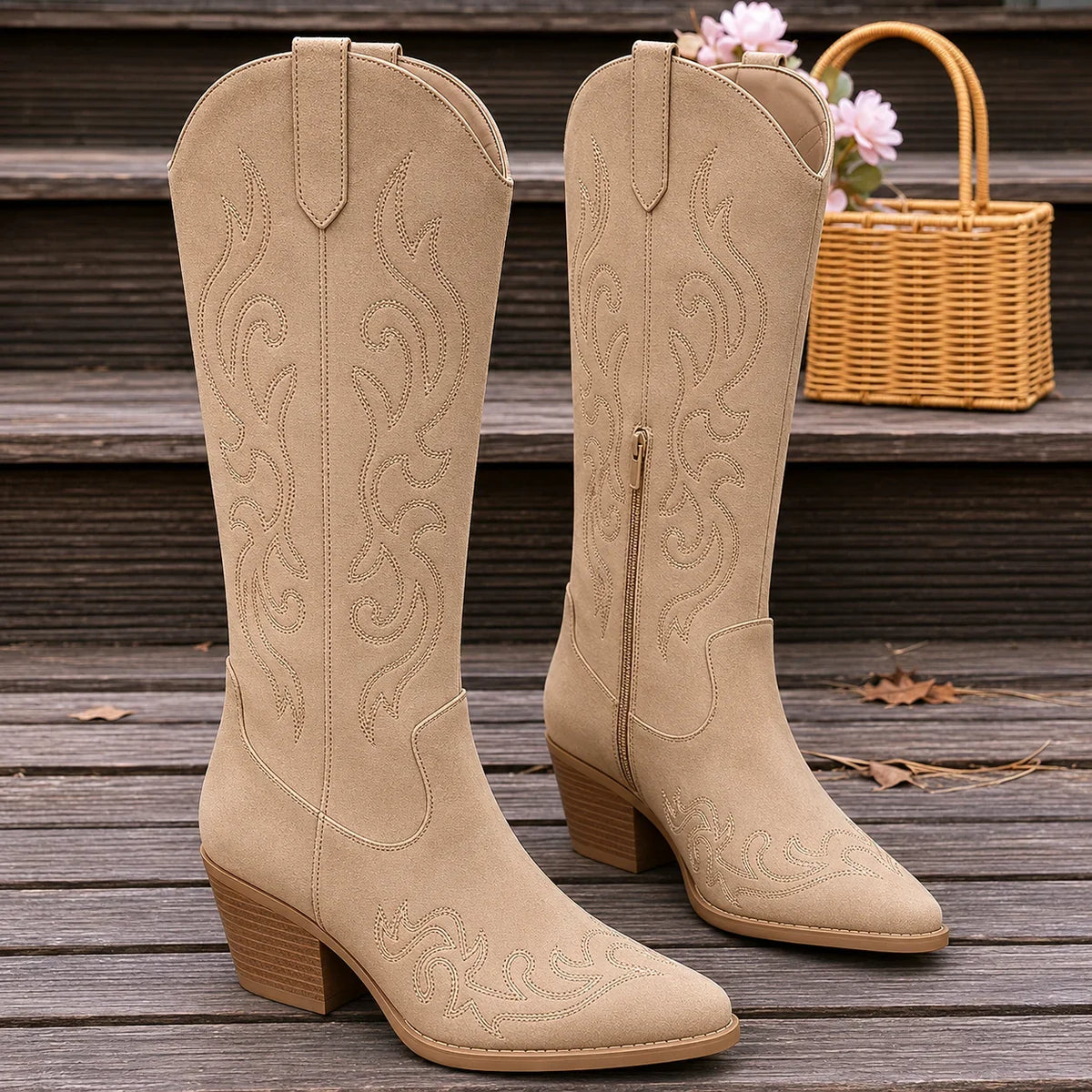 Women's embroidered western faux leather knee-high boots with side zipper and block heel