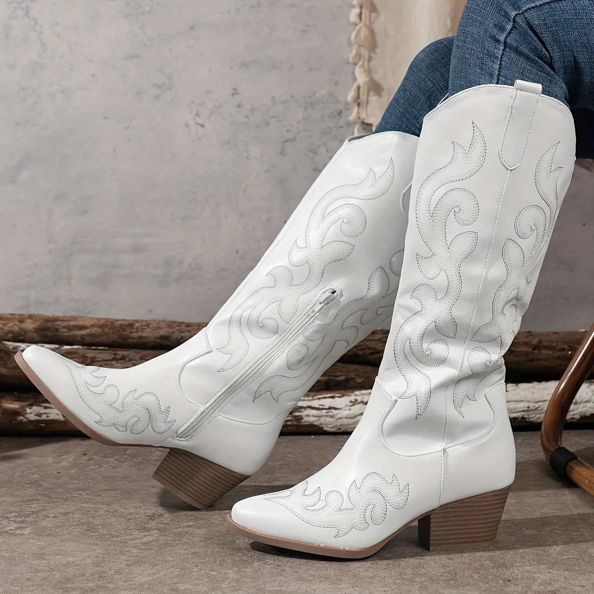 Women's embroidered western faux leather knee-high boots with side zipper and block heel