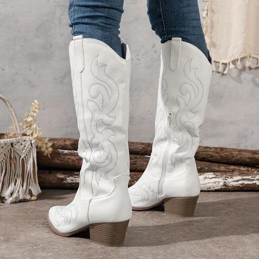 Women's embroidered western faux leather knee-high boots with side zipper and block heel – White