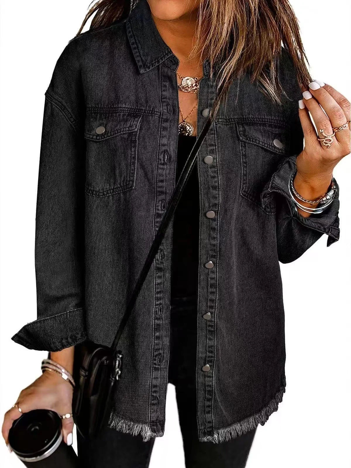 Women's everyday distressed women jeans denim jacket with frayed hem and button-front – Black