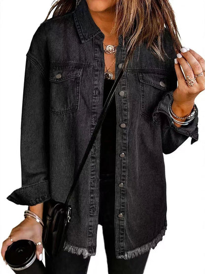 Women's everyday distressed women jeans denim jacket with frayed hem and button-front – Black