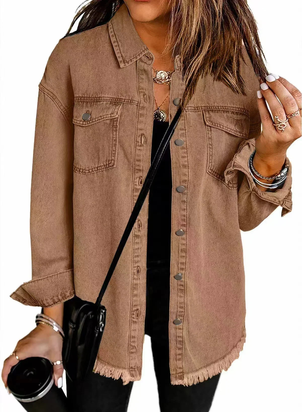 Women's everyday distressed women jeans denim jacket with frayed hem and button-front – Brown
