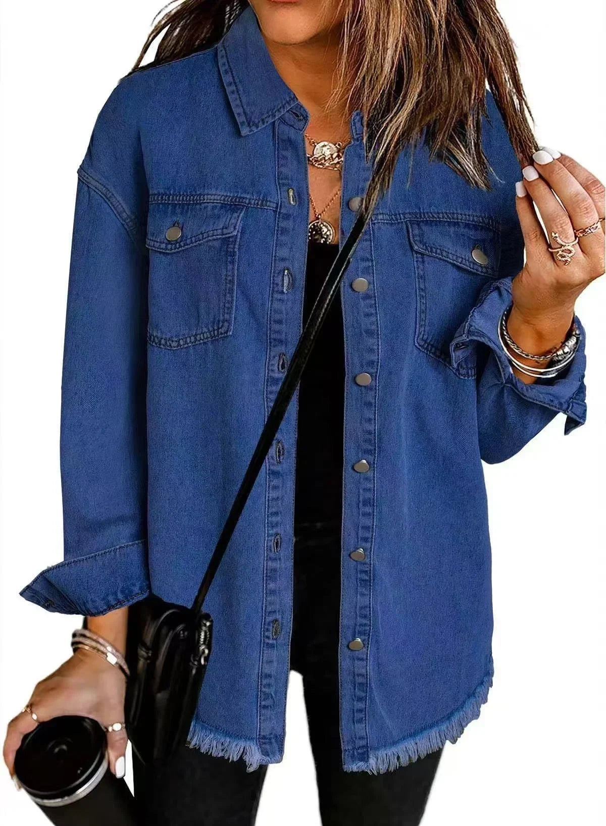 Women's everyday distressed women jeans denim jacket with frayed hem and button-front – Dark Blue