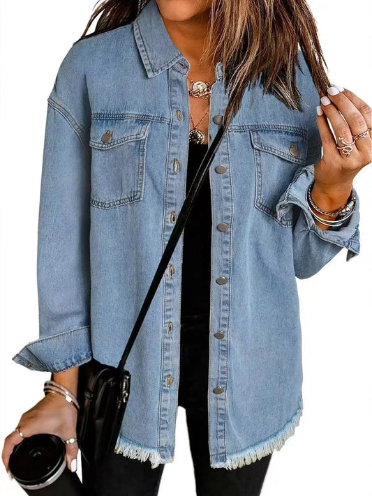 Women's everyday distressed women jeans denim jacket with frayed hem and button-front – Light Blue