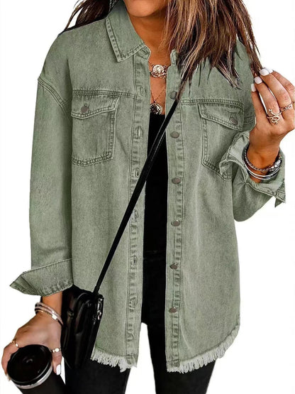 Women's everyday distressed women jeans denim jacket with frayed hem and button-front – Olive Green