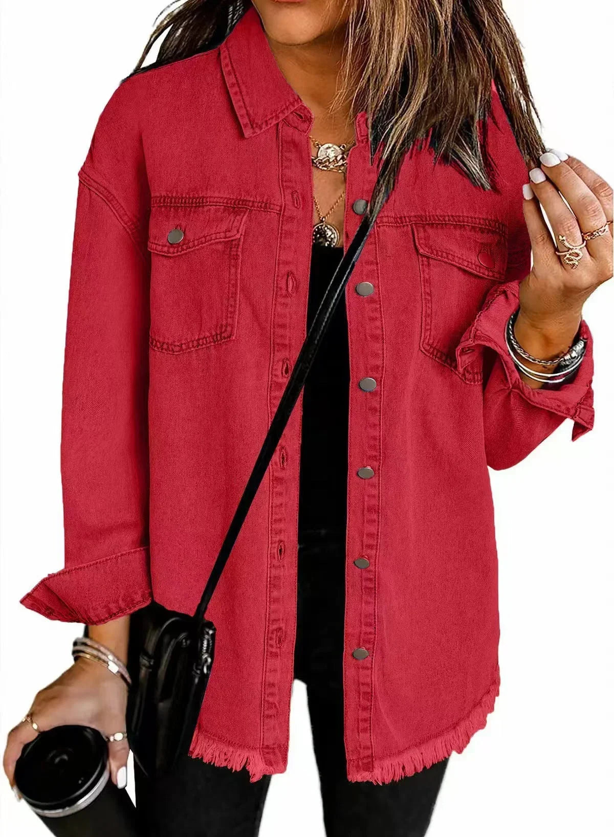Women's everyday distressed women jeans denim jacket with frayed hem and button-front – Red