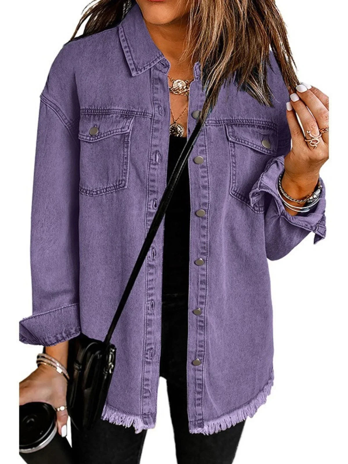 Women's everyday distressed women jeans denim jacket with frayed hem and button-front – Violet
