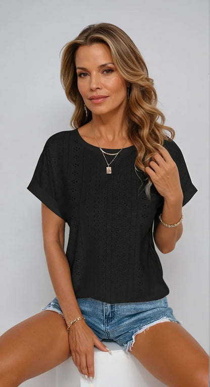 Women's eyelet short-sleeve top with crew-neck and cuffed sleeves – Black (Almost sold out)