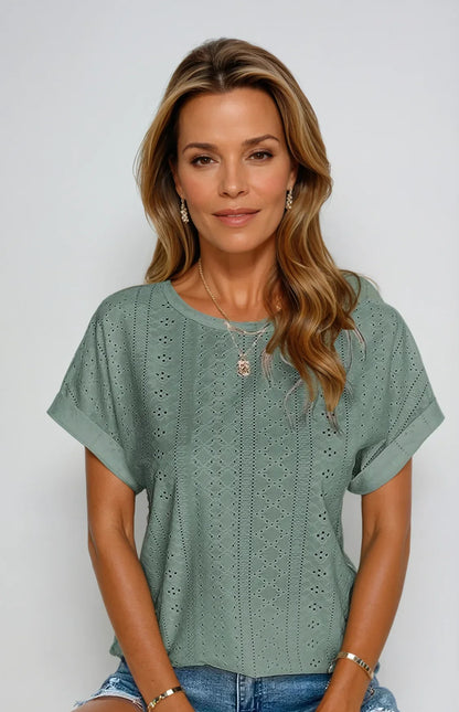 Women's eyelet short-sleeve top with crew-neck and cuffed sleeves – Green
