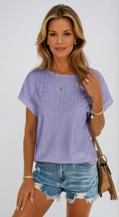 Women's eyelet short-sleeve top with crew-neck and cuffed sleeves – Purple