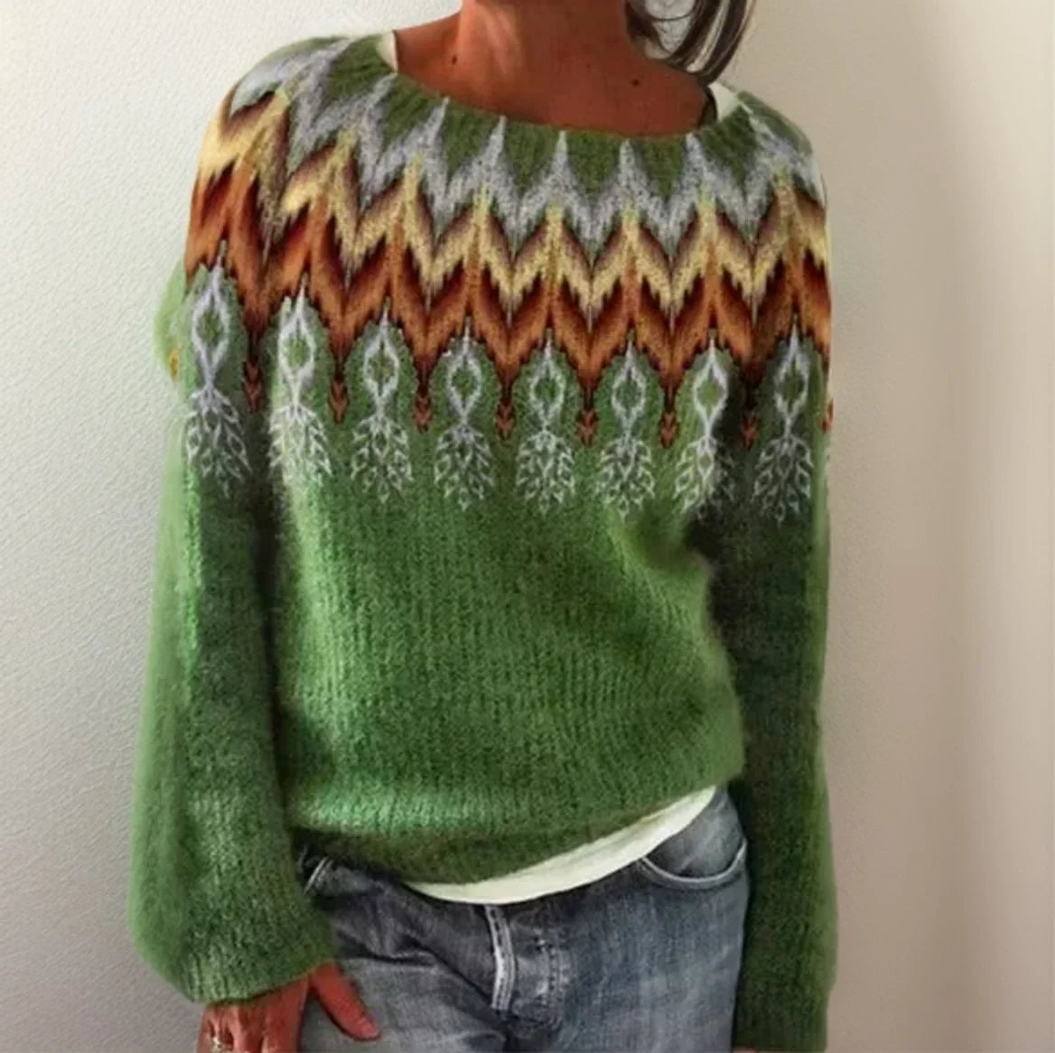 Women's Fair Isle geometric pullover knit sweater – Green