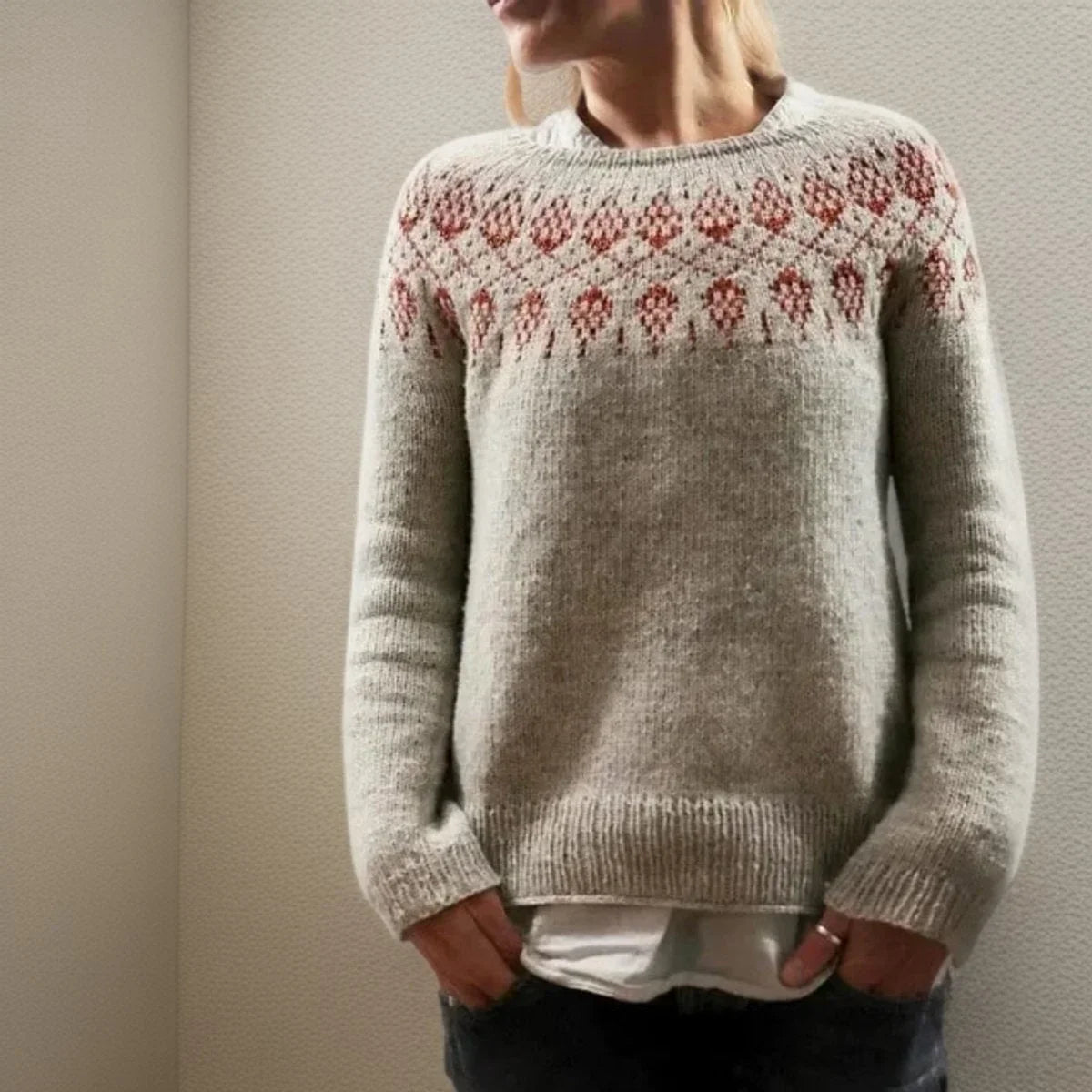 Women's Fair Isle Icelandic knit sweater relaxed crewneck pullover – Gray