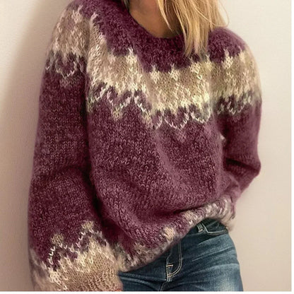 Women's Fair Isle jacquard pullover knit sweater – Red