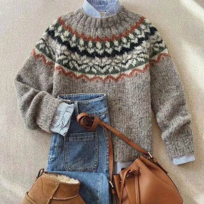 Women's Fair Isle Nordic relaxed-fit knit sweater – Light Ash Mix