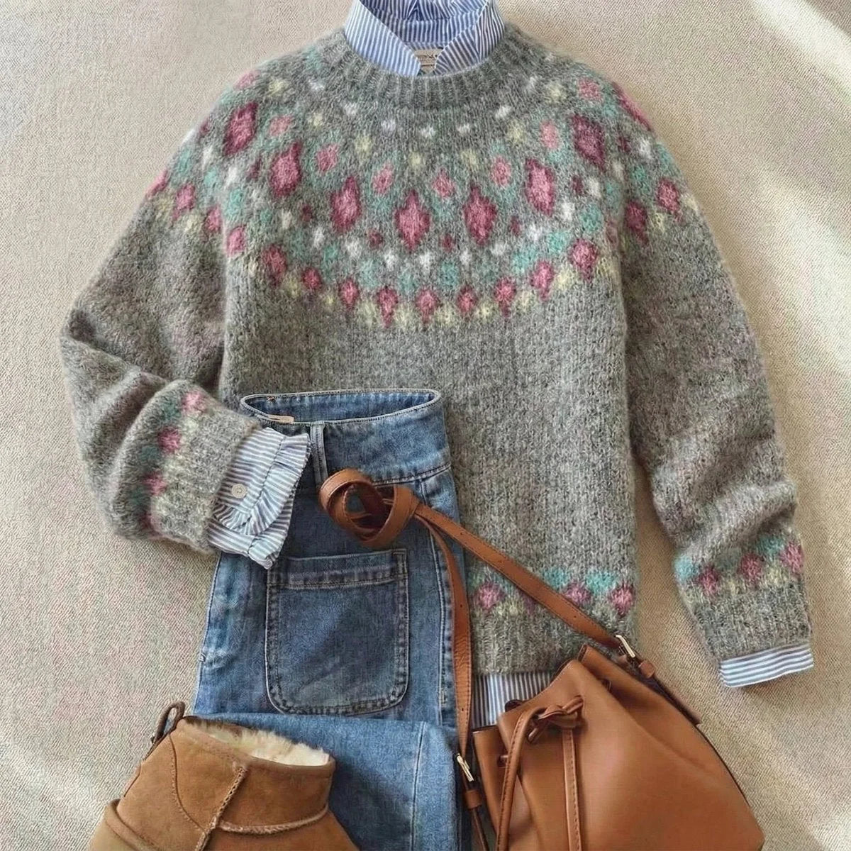 Women's Fair Isle Nordic relaxed-fit knit sweater – Soft Gray Pastel