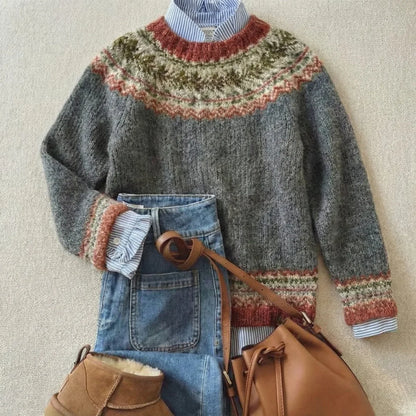Women's Fair Isle Nordic relaxed-fit knit sweater – Stone Gray Mix